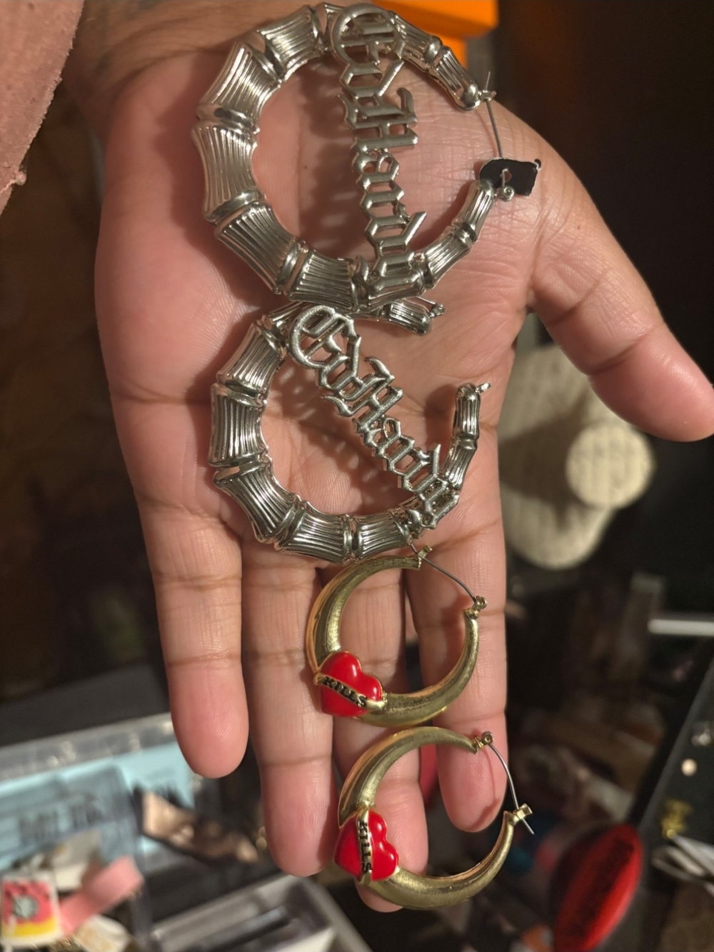 Ed Hardy Silver Bamboo Hoop Earrings with Gold Hoops and Red Heart Charm Sets
